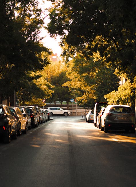 A narrow residential street in Kennington during late afternoon or early evening, with parked cars lining both sides of the road. The street is shaded by tall trees with dense green foliage, creating dappled sunlight on the asphalt. In the distance, a white van belonging to Man with Van Kennington is partially visible, positioned near the curb for a house removal or furniture transport operation. The van is aligned with the pavement, ready for loading or unloading, with furniture and boxes possibly inside or being moved outside. The surrounding environment includes a wooden fence, a bus stop sign, and the rooftops of houses partly obscured by the trees. The scene captures the typical setting for a home relocation in a quiet urban area, emphasizing careful vehicle positioning for parking and safe loading in a narrow street context, consistent with a professional removals service.